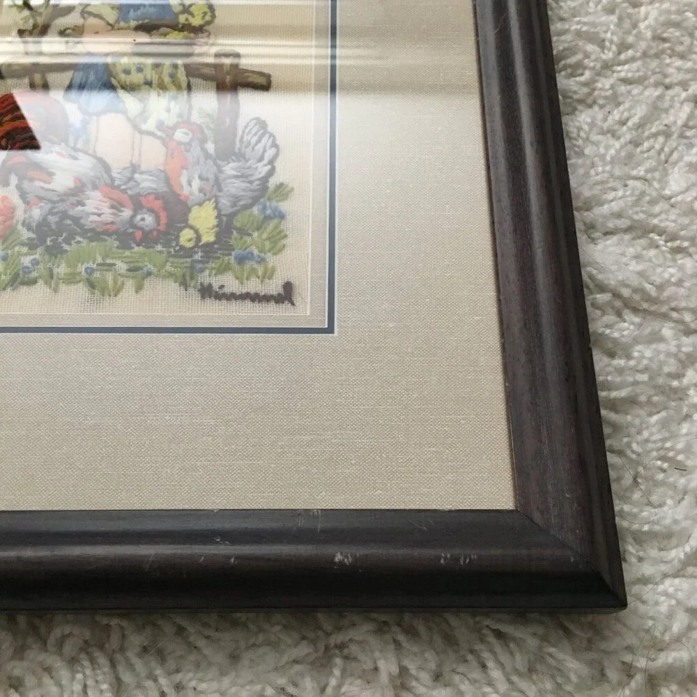 Vintage Hummel Needlework Girl Feeding Chickens Fowls 3-D Embroidery Framed - Picture 8 of 12